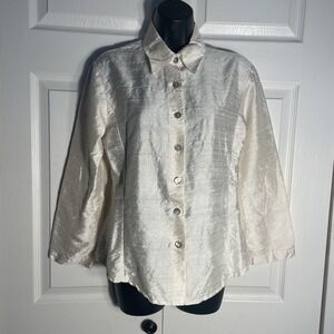 Vintage Lisbeth Oslo 100% Silk Shirt Women S Beige Textured Button Up Y2K Blouse